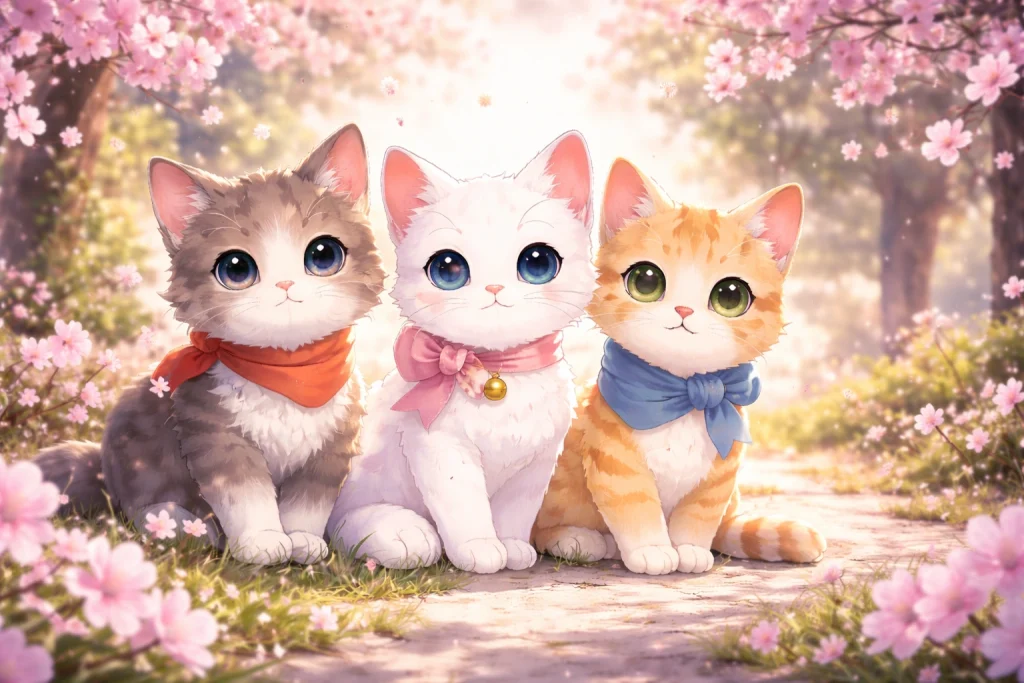 Anime Cat Names: 250+ Cute, Funny & Legendary Ideas for Every Cat 1 Cute anime-style cat sitting among cherry blossoms with soft pastel aesthetic for anime cat names article.