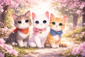 Cute anime-style cat sitting among cherry blossoms with soft pastel aesthetic for anime cat names article.