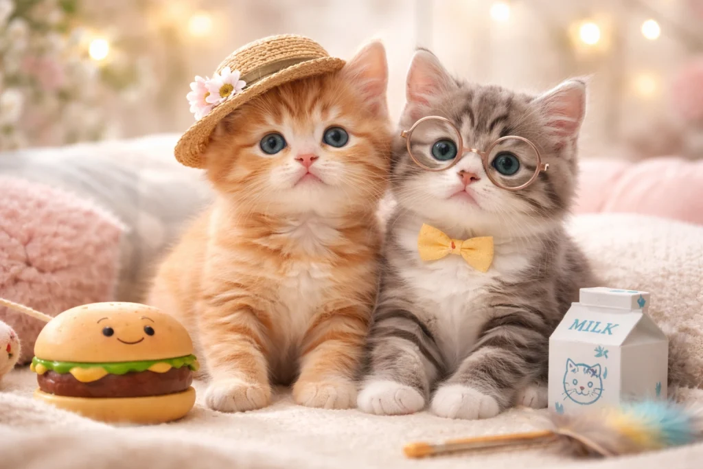 Two adorable kittens with funny accessories for funny cat names article