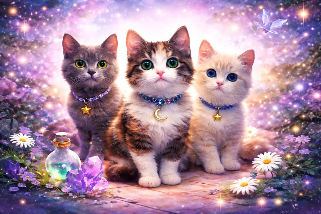 Three adorable kittens with magical aesthetic for unique cat names article