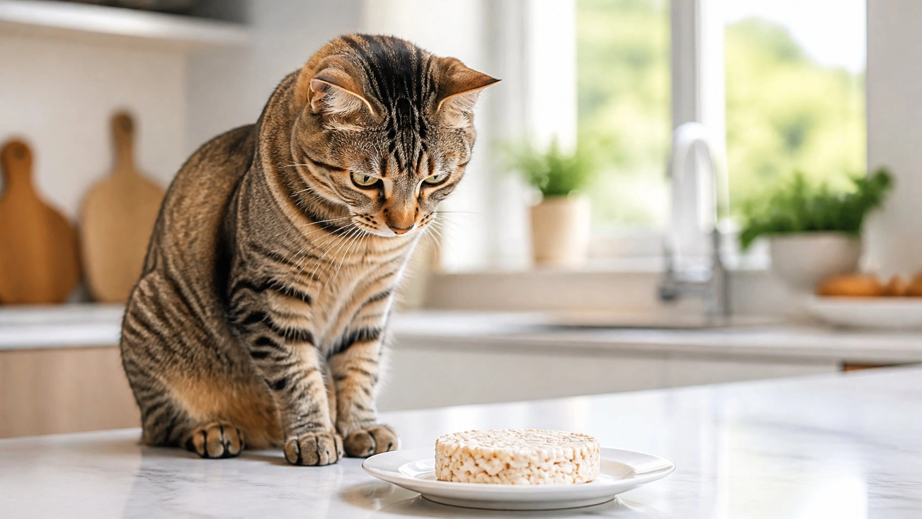 Can cats eat rice cakes? A cat looking at a rice cake — a reminder that plain rice cakes are not toxic but offer empty calories for felines.
