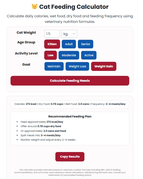 Cat feeding calculator tool showing weight and age input fields
