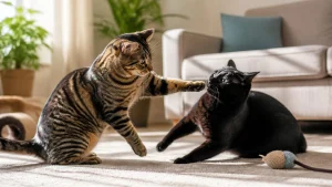 Example of cats playing or fighting: these two show relaxed bodies, soft ears, and no aggression signs — classic play behavior.