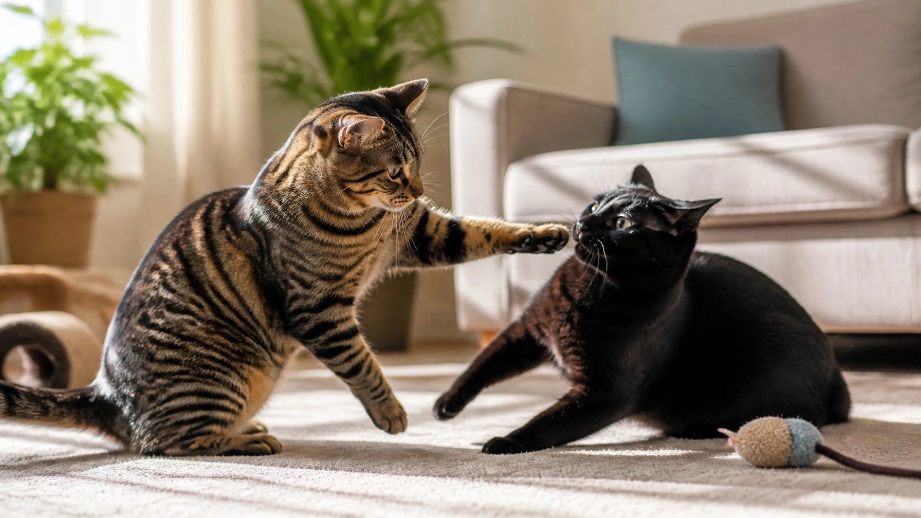 Example of cats playing or fighting: these two show relaxed bodies, soft ears, and no aggression signs — classic play behavior.