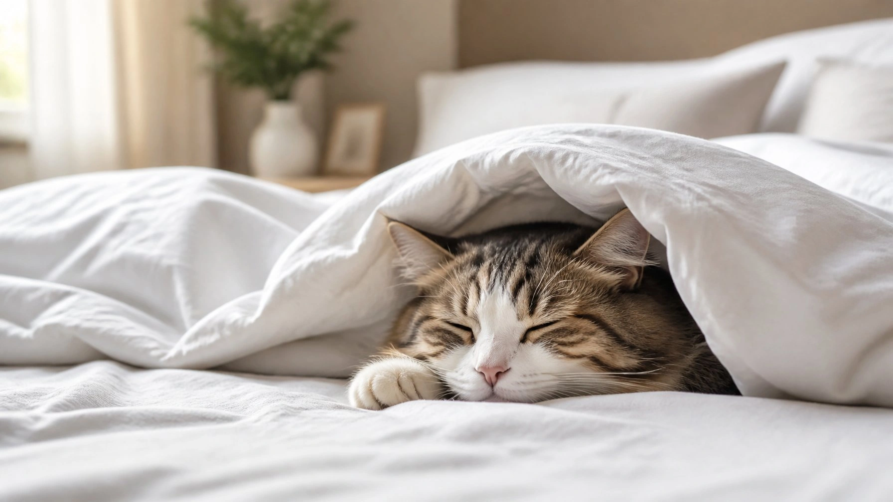 Why do cats sleep under the covers? Example of a cat burrowed under a light blanket, showing relaxed body posture and content breathing.